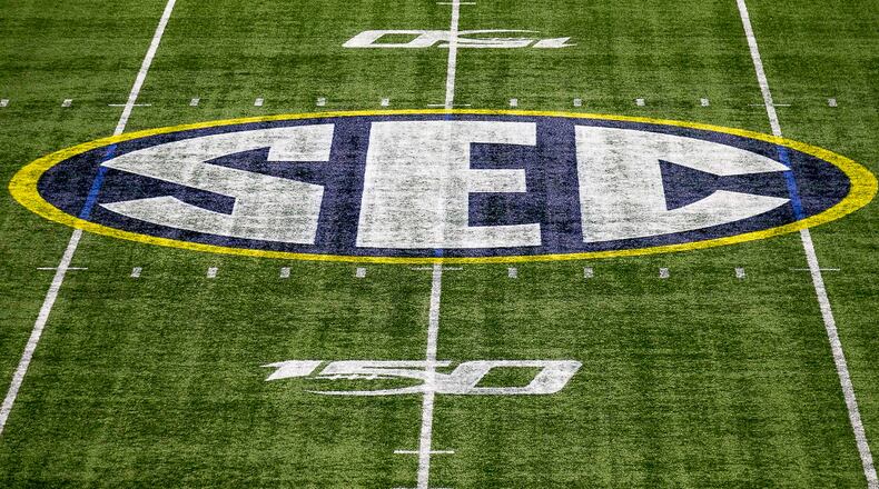The SEC logo is displayed on the field at Mercedes-Benz Stadium in Atlanta, Friday, December 6, 2019. (ALYSSA POINTER/ALYSSA.POINTER@AJC.COM)