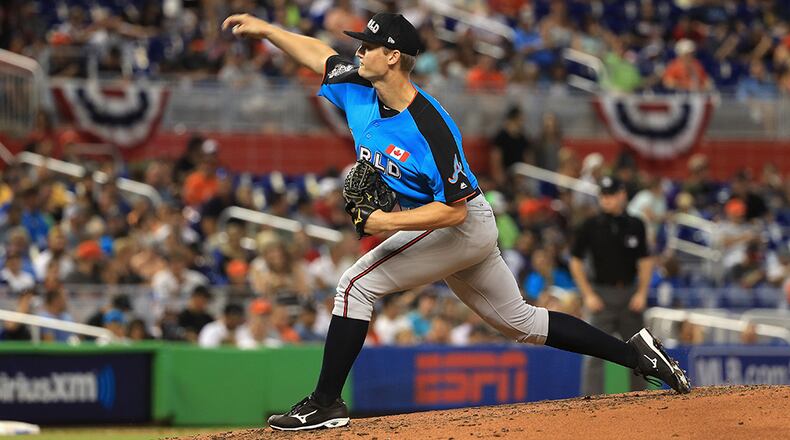 Braves prospect Mike Soroka, pictured pitching in the All-Star Futures Game in July, was among nine pitching prospects who participated in a recent development came at SunTrust Park.  (Photo by Mike Ehrmann/Getty Images)