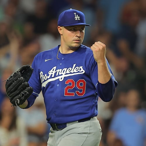 Los Angeles Dodgers' Tarik Skubal reacts after a play at home plate during the sixth inning of a baseball game against the Chicago Cubs, Tuesday, Aug. 4, 2026, in Chicago. (AP Photo/Melissa Tamez)