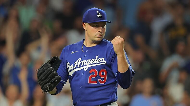 Los Angeles Dodgers' Tarik Skubal reacts after a play at home plate during the sixth inning of a baseball game against the Chicago Cubs, Tuesday, Aug. 4, 2026, in Chicago. (AP Photo/Melissa Tamez)