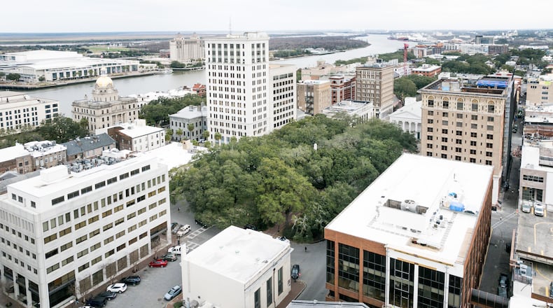 Johnson Square and surrounding office buildings in Savannah, GA on Feb. 18, 2025. Credit: Justin Taylor/The Atlanta Journal Constitution