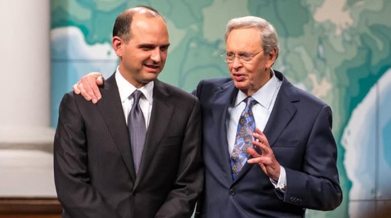 In this file photo, First Baptist Church Atlanta Senior Pastor Charles F. Stanley (right) announced his succession plan, naming Senior Associate Pastor Anthony George to replace him when the time comes. Stanley announced Sunday, Sept. 13, 2020, he was becoming pastor emeritus and George would become senior pastor at the church. (AJC file photo)