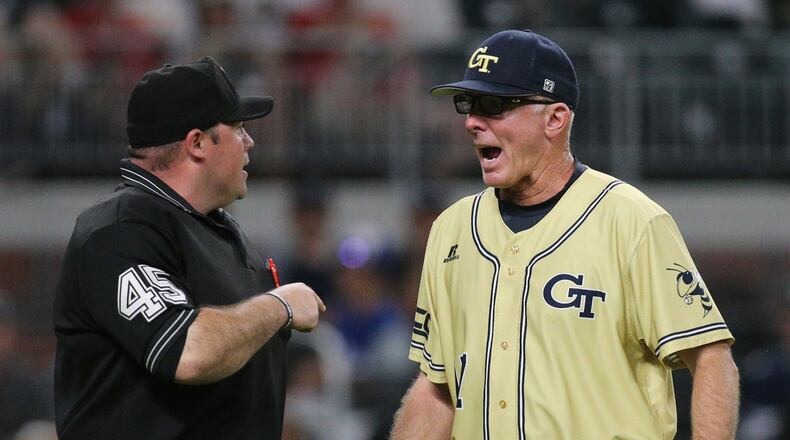Georgia Tech had coach Danny Hall argues a call with the homeplate umpire that gave Georgia batter Mitchell Webb another strike at the plate and going on to draw a walk during the 9th inning of the Spring Classic in a NCAA college baseball game at SunTrust Park on Tuesday, May 9, 2017, in Atlanta.    Curtis Compton/ccompton@ajc.com