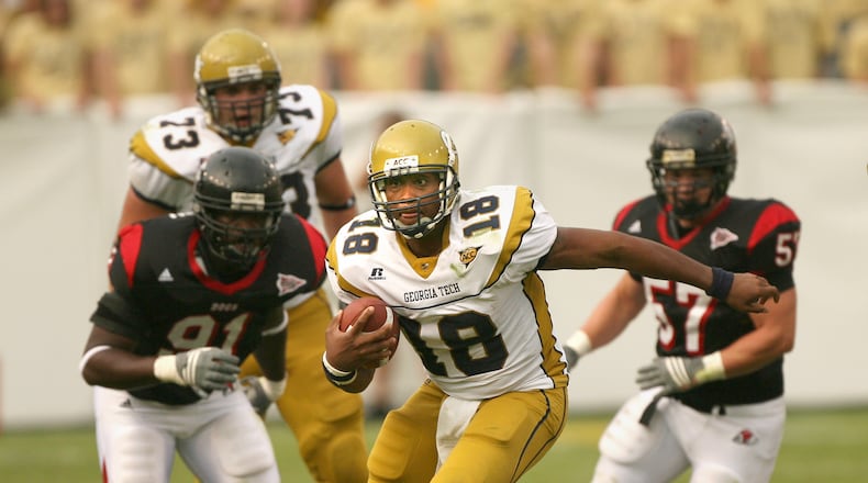 Calvin Booker (18) was an emergency starter at quarterback for Georgia Tech against Gardner-Webb on October 11, 2008 after injuries to the Yellow Jackets’ first two quarterbacks. Booker struggled both in the run and pass game, though he did throw a game-changing touchdown pass to B-back Jonathan Dwyer. (AJC file photo: Johnny Crawford)