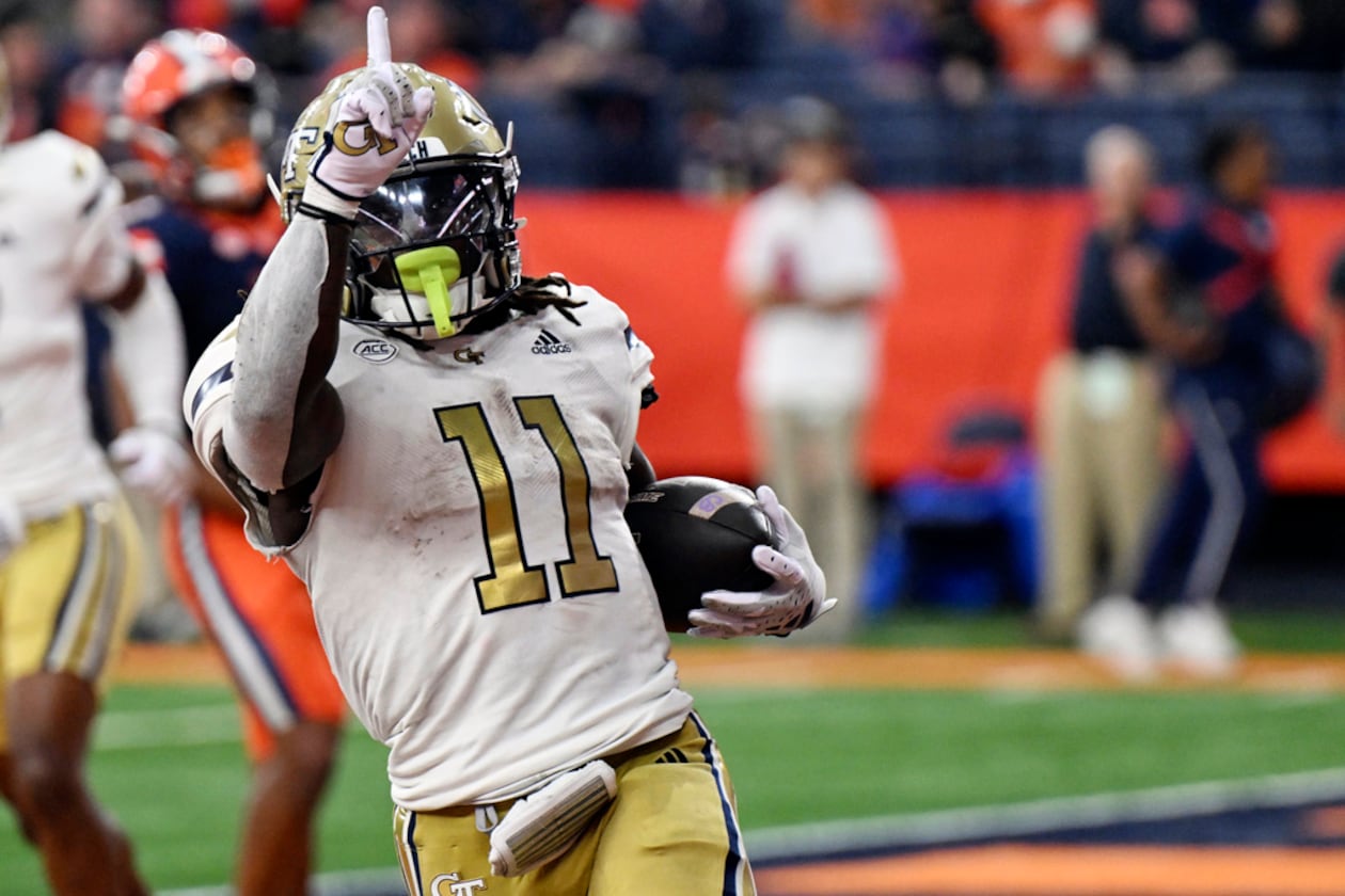 Georgia Tech running back Jamal Haynes celebrates a touchdown against Syracuse on Saturday, Sept. 7, 2024 in Syracuse, N.Y. The two teams will meet again at noon Saturday. (Hans Pennink/AP 2024)