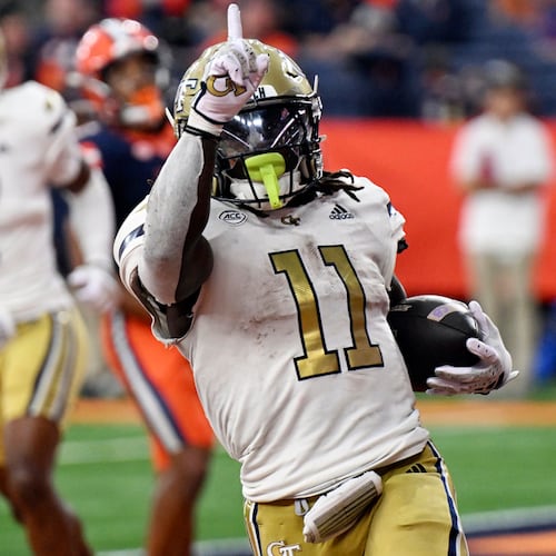 Georgia Tech running back Jamal Haynes celebrates a touchdown against Syracuse on Saturday, Sept. 7, 2024 in Syracuse, N.Y. The two teams will meet again at noon Saturday. (Hans Pennink/AP 2024)