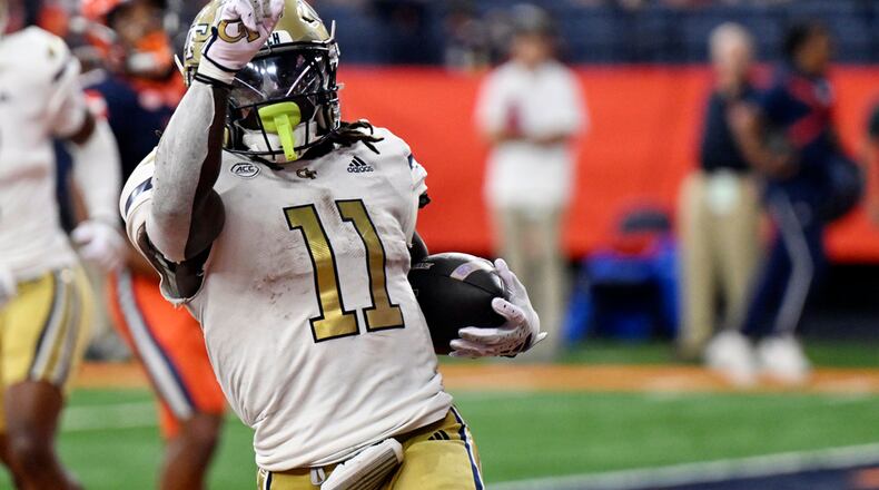 Georgia Tech running back Jamal Haynes celebrates a touchdown against Syracuse on Saturday, Sept. 7, 2024 in Syracuse, N.Y. The two teams will meet again at noon Saturday. (Hans Pennink/AP 2024)