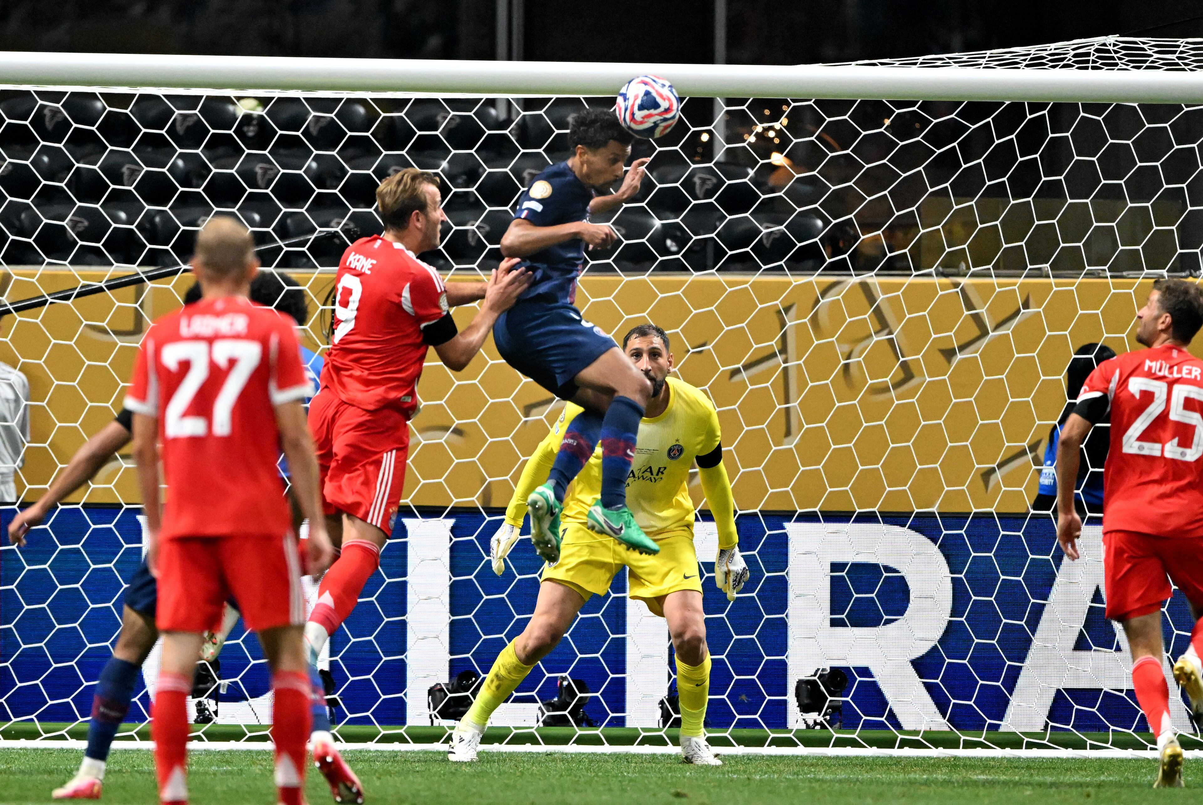 Paris Saint-Germain defender Marquinhos (5) heads the ball away during the second half in Club World Cup quarterfinals match at Mercedes-Benz Stadium, Saturday, July 5, 2025, in Atlanta. Paris Saint-Germain won 2-0 over Bayern Munich. (Hyosub Shin / AJC)