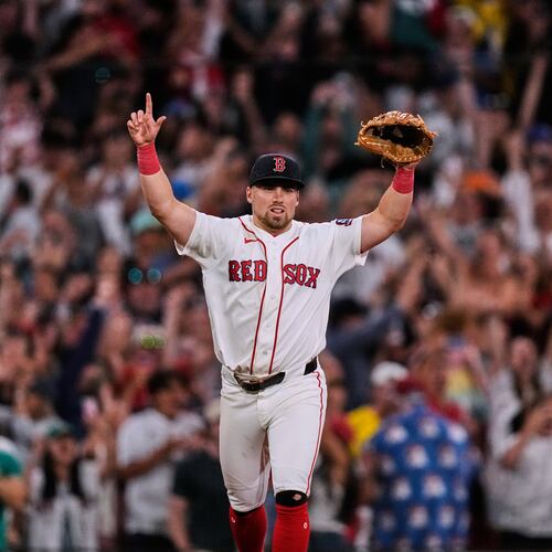 Boston Red Sox's Caleb Durbin celebrates after defeating the Baltimore Orioles following a baseball game, Monday, July 20, 2026, in Boston. (AP Photo/Charles Krupa)