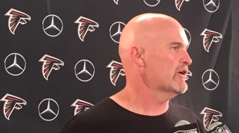 Falcons coach Dan Quinn, a big fan of the 10-second rule, addressed the media on Monday. (By D. Orlando Ledbetter/dledbetter@ajc.com)