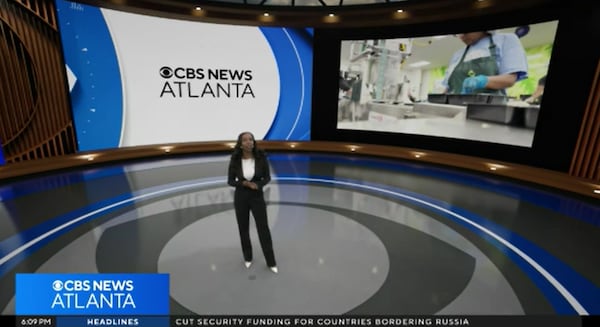 A test image from a rehearsal using the new CBS News Atlanta newsroom, which features virtual reality and augmented reality elements. CBS NEWS ATLANTA