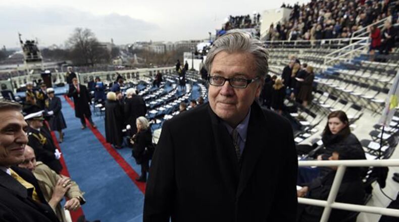 In this Jan. 20, 2017, file pool photo, Steve Bannon, appointed chief strategist and senior counselor to then- President-elect Donald Trump, arrives for the presidential inauguration at the US Capitol in Washington. Trump returned fire with both barrels Jan. 3, 2018, against criticism leveled at him in a new book that says he never expected — or wanted — to win the White House, his victory left his wife in tears and a senior adviser thought his son's contact with a Russian lawyer during the campaign was "treasonous."