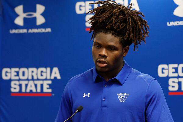 Georgia State sophomore linebacker Damaine Wilson, here speaking to the media last month, said recently of the defense: “Instead of guessing, we’re just doing it now. … There’s no second thoughts.” (Miguel Martinez/AJC)