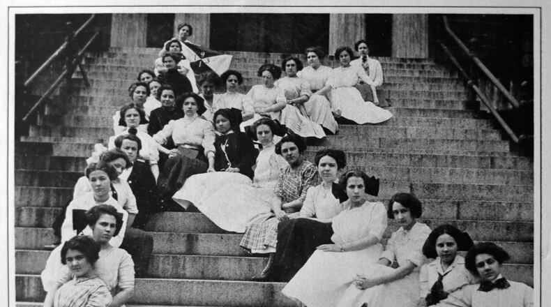 Photo of the Wesleyan class of 1913, posing in “K” formation. For generations, decade after decade, elite white families from across the South sent their daughters to Wesleyan College in Macon — the first chartered women’s college in the country founded in 1836. But wrapped in its traditions is a racist legacy that includes overt ties to the Ku Klux Klan. The yearbook in the early 1900s was called the Ku Klux and some classes identified with the Klan. COPY PHOTO