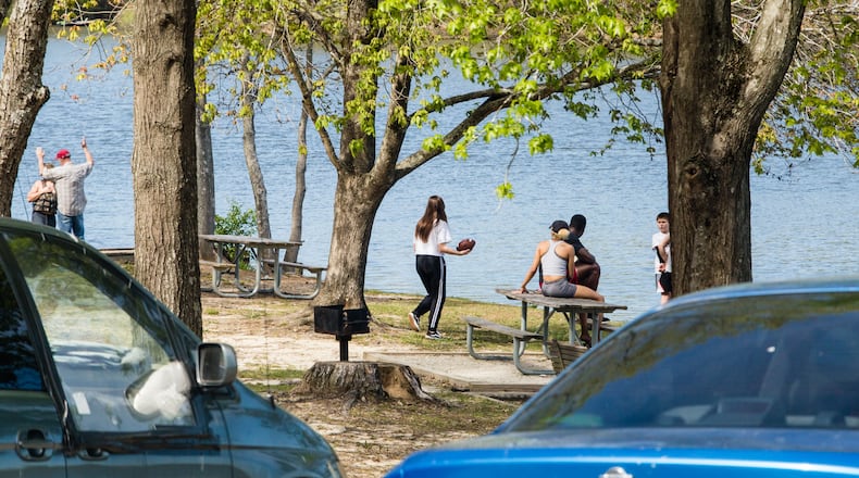 Sweetwater Creek State Park, west of Atlanta, is open and allowing hiking, boating and fishing with social distancing Friday, April 3, 2020. Camp sites and yurt rentals are still avaiable as well. Some groups are ignoring the mandates. (Jenni Girtman for Atlanta Journal-Constitution)