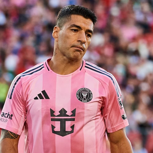 FILE - Inter Miami's Luis Suarez (9) reacts after missing a scoring opportunity against Toronto FC during the second half of a MLS soccer game, Saturday, Sept. 27, 2025, in Toronto. (Sammy Kogan/The Canadian Press via AP, File)