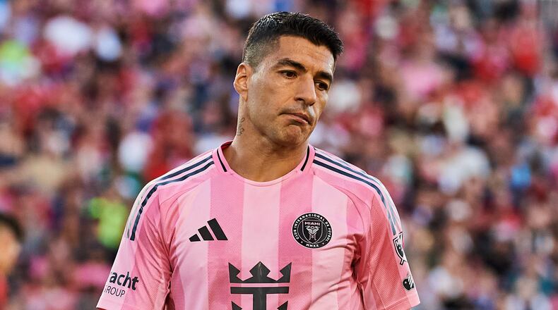 FILE - Inter Miami's Luis Suarez (9) reacts after missing a scoring opportunity against Toronto FC during the second half of a MLS soccer game, Saturday, Sept. 27, 2025, in Toronto. (Sammy Kogan/The Canadian Press via AP, File)