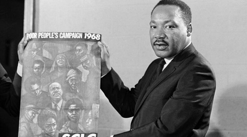 In this Nov. 27, 1967 file photo, King announces what would become his last mission. The Poor People's Campaign focused on jobs for the poor. During the final years of his life, King shifted his focus toward economic justice and speaking out against the war in Vietnam.