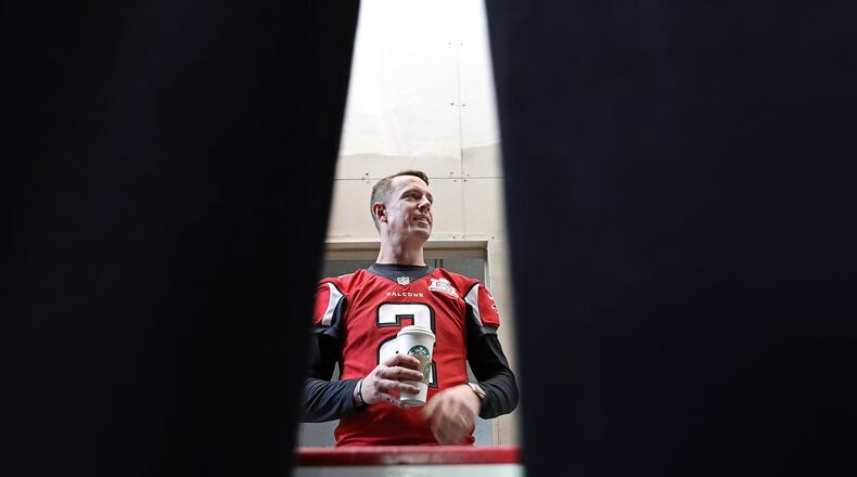 February 1, 2017, Houston: The man behind the curtain, Falcons quarterback Matt Ryan waits back stage to make his appearance for a press conference during Super Bowl media availability on Wednesday, Feb. 1, 2017, at the Memorial City Mall ice arena in Houston. Curtis Compton/ccompton@ajc.com