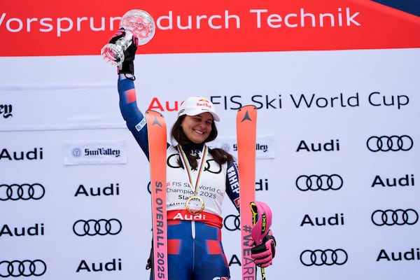 Croatia's Zrinka Ljutic reacts on the podium after winning the World Cup slalom season title at the World Cup Finals, Thursday, March 27, 2025, in Sun Valley, Idaho. (AP Photo/John Locher)