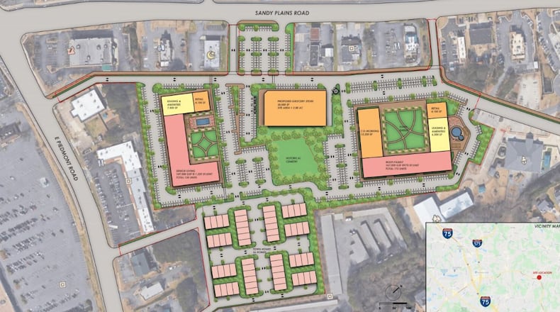 The proposal by Atlantic Realty to redevelop the Sprayberry Crossing shopping center now calls for 30,000 square feet of space for a grocery store, 8,200 square feet of retail space and a co-working space of 12,000 square feet. It will also include residential units including 120 senior living apartments, 56 town homes and 172 traditional one- and two-bedroom apartments.