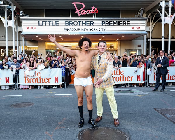 Eric André and John Cena attend the "Little Brother" premiere on June 18, 2026, in New York City. (Courtesy of Jamie McCarthy)