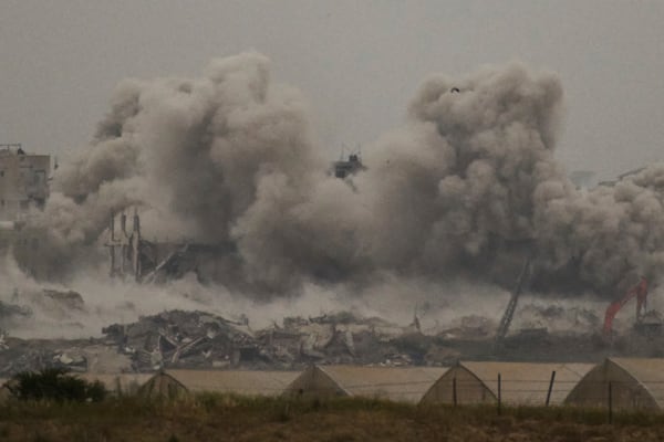 Smoke rises to the sky following an Israeli bombardment in the Gaza Strip as seen from southern Israel, Monday, April 7, 2025. (AP Photo/Leo Correa)