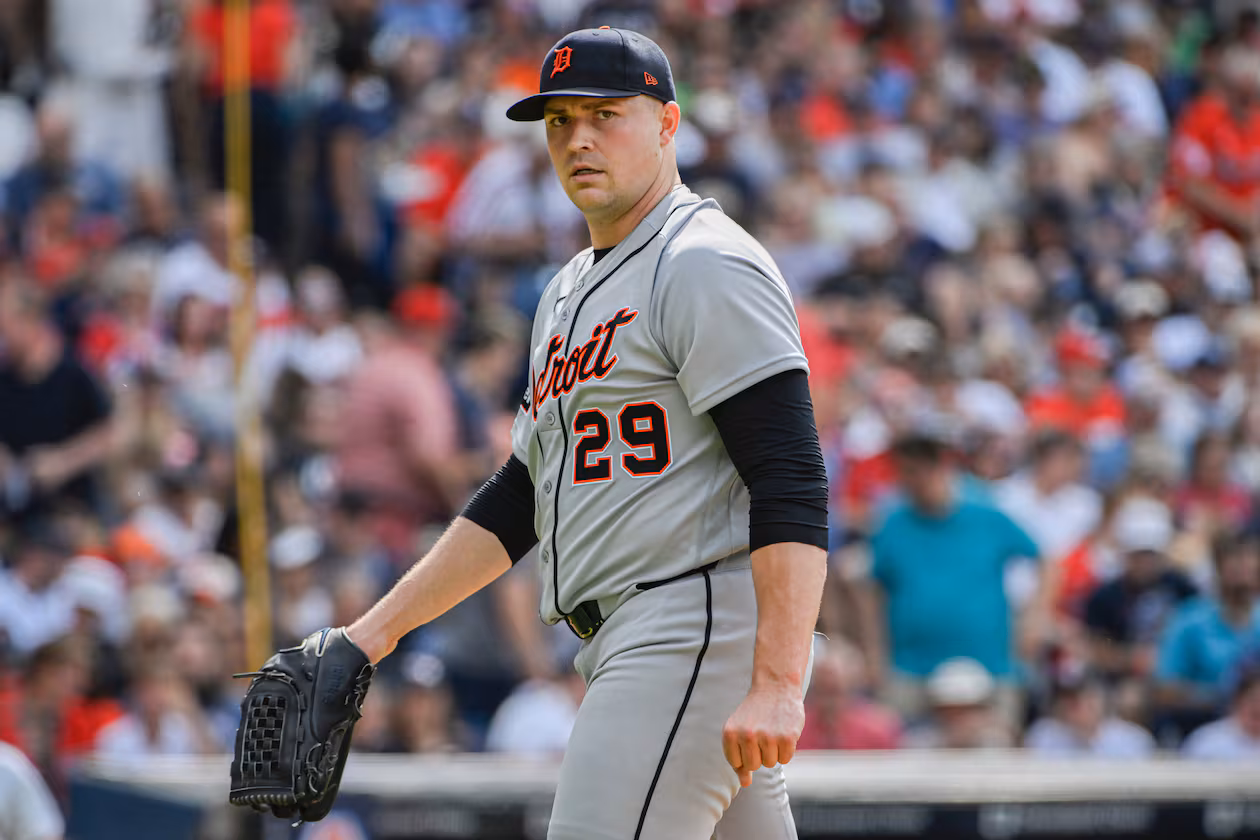 Detroit Tigers starting pitcher Tarik Skubal walks from the mound during the second inning of a baseball game against the Cleveland Guardians, Saturday, June 13, 2026, in Cleveland. (Phil Long/AP)