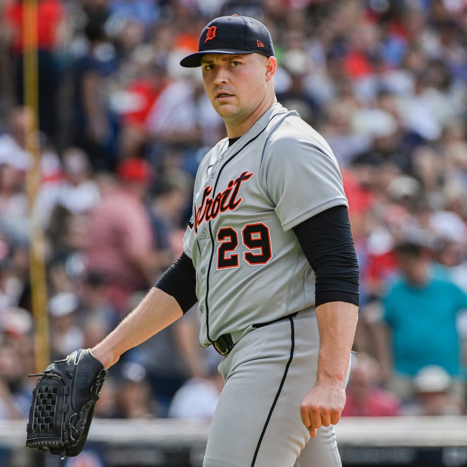Detroit Tigers starting pitcher Tarik Skubal walks from the mound during the second inning of a baseball game against the Cleveland Guardians, Saturday, June 13, 2026, in Cleveland. (Phil Long/AP)