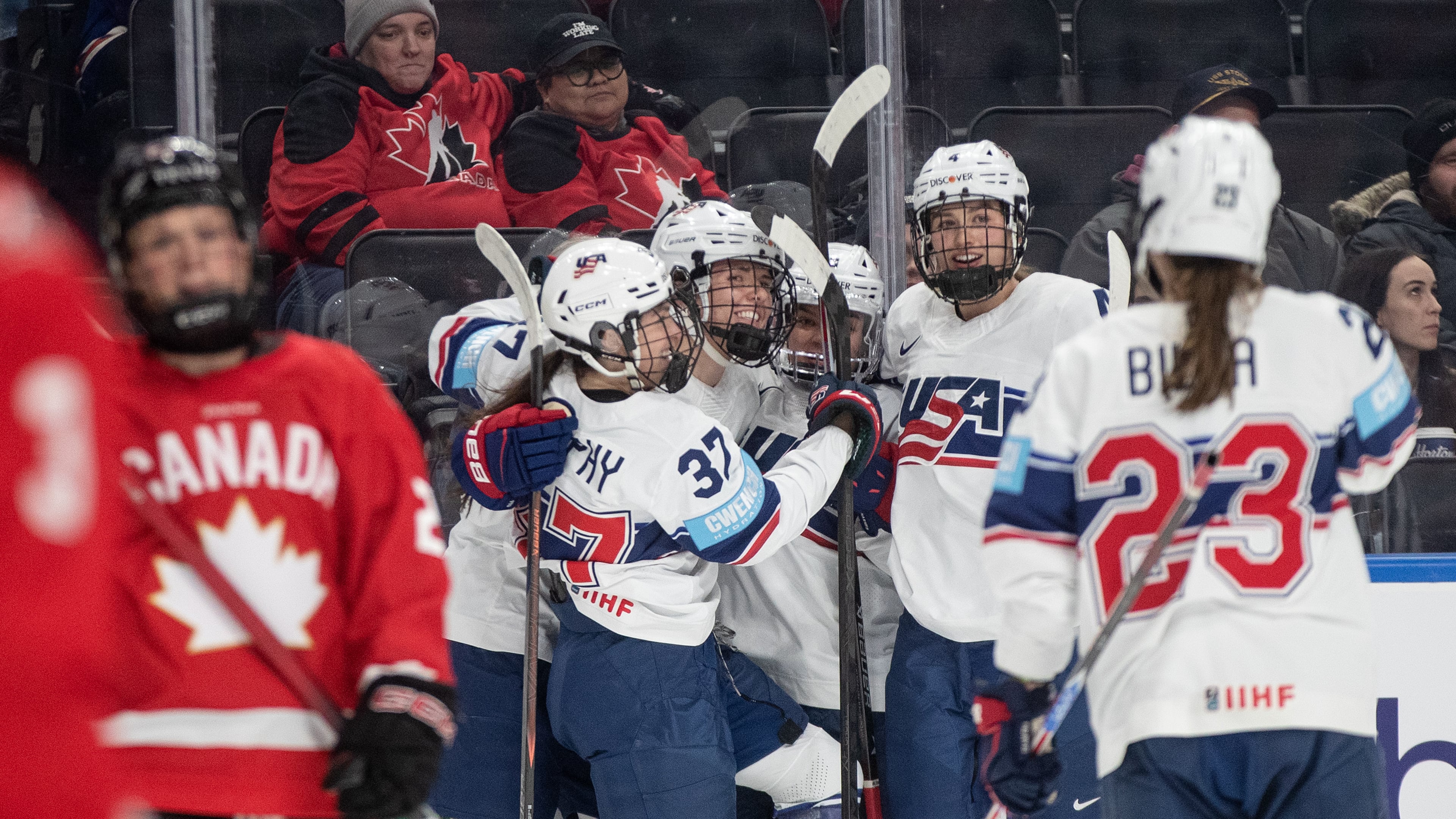 United States players celebrates a goal against Canada during the first period of Rivalry Series game in Edmonton on Wednesday, Dec. 10, 2025. (Jason Franson/The Canadian Press via AP)