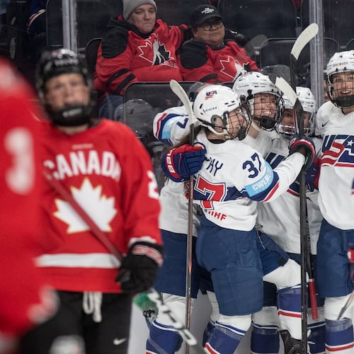 United States players celebrates a goal against Canada during the first period of Rivalry Series game in Edmonton on Wednesday, Dec. 10, 2025. (Jason Franson/The Canadian Press via AP)