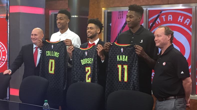 The Hawks introduced their 2017 NBA Draft class on Monday with (left to right) general manager Travis Schlenk, John Collins, Tyler Dorsey, Alpha Kaba and head coach Mike Budenholzer. Photo by Chris Vivlamore.