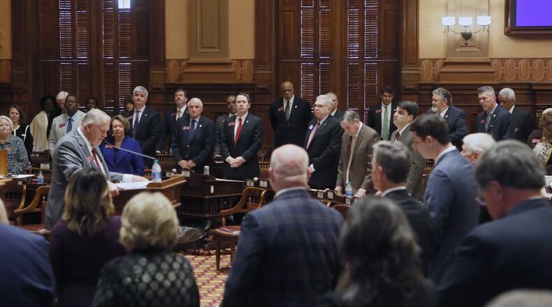 House Speaker David Ralston eulogizes Georgia House Rules Chairman Jay Powell, who died in November during a retreat of Republican legislative leaders. Bob Andres / bandres@ajc.com