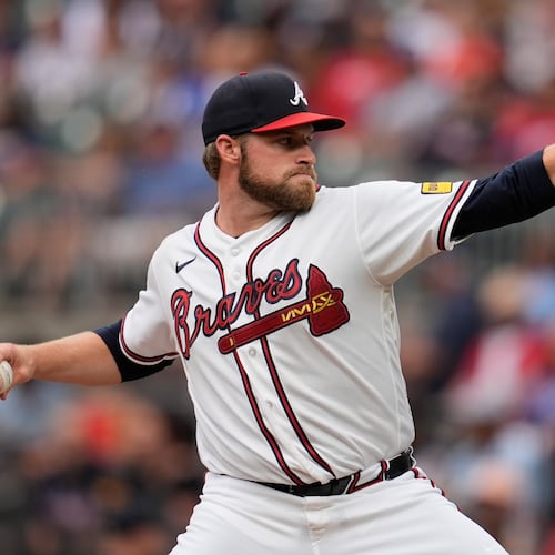 Atlanta Braves pitcher Bryce Elder (55) works in the first inning of a baseball game against the Miami Marlins, Wednesday, Aug. 5, 2026, in Atlanta. (AP Photo/Mike Stewart)