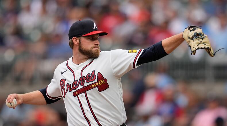 Atlanta Braves pitcher Bryce Elder (55) works in the first inning of a baseball game against the Miami Marlins, Wednesday, Aug. 5, 2026, in Atlanta. (AP Photo/Mike Stewart)