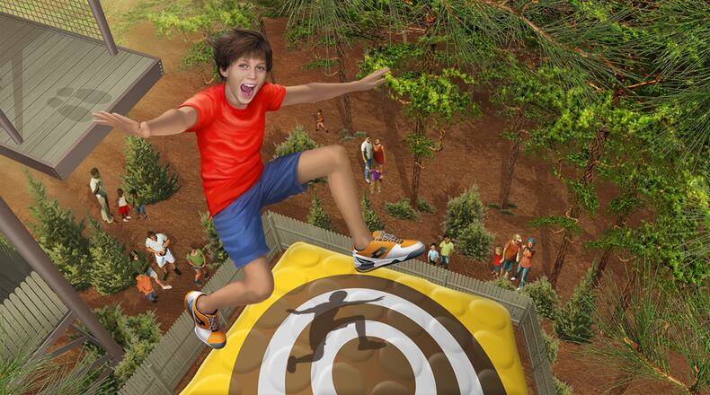 In this artist’s rendering, a patron leaps off the tallest platform at “The Jump,” a new attraction coming to Stone Mountain Park in April. Illustration contributed.