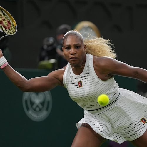 Serena Williams of the United States returns the ball to Maya Joint of Australia in their first round women's singles match at the Wimbledon Tennis Championships in London, Tuesday, June 30, 2026. (AP Photo/Maja Smiejkowska)