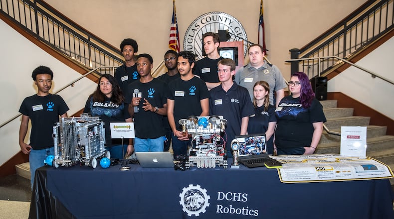 Members of the Douglas County High School Robotics Club showcased the potential of STEM education during an assembly at the Douglas County Courthouse Tuesday.