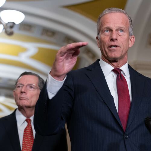 Senate Majority Leader John Thune, R-S.D., speaks to reporters after a weekly Republican luncheon, at the Capitol in Washington, Tuesday, March 10, 2026. (AP Photo/Jose Luis Magana)