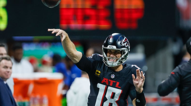 Atlanta Falcons quarterback Kirk Cousins (18) passes the ball during the second half against the Kansas City Chiefs on Sunday, Sept. 22, 2024, at Mercedes-Benz Stadium in Atlanta.
(Miguel Martinez/ AJC)