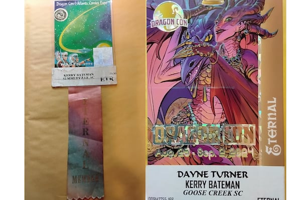 The 1995 and 2024 badges for Kerry Bateman, one of the first people to become a Dragon Con Eternal member. (Courtesy of Kerry Bateman)