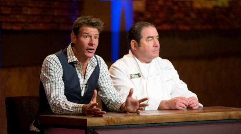 Ty Pennington (left) hosts and Emeril Legasse judges in the new TNT show "On the Menu." CREDIT: TNT