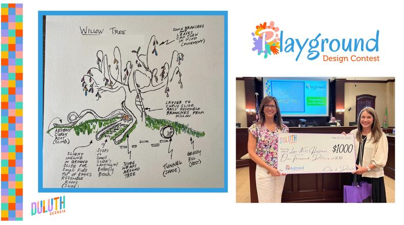 Duluth Mayor Nancy Harris awards Lyn-Nell Huffman $1,000 for her winning playable art design "The Willow Tree." (Courtesy City of Duluth)
