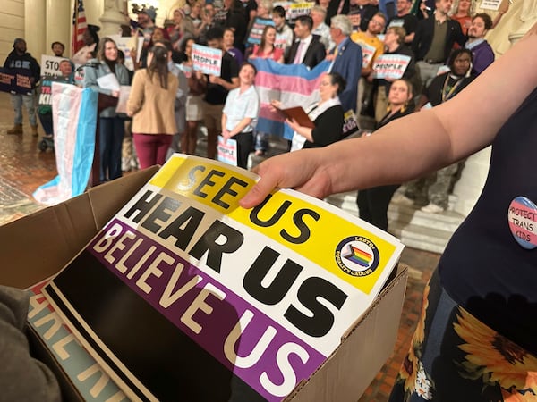 Participants in the Trans Day of Visibility rally in the Pennsylvania Capitol Rotunda in Harrisburg, Pa., on Monday, March 31, 2025. (AP Photo/Mark Scolforo)