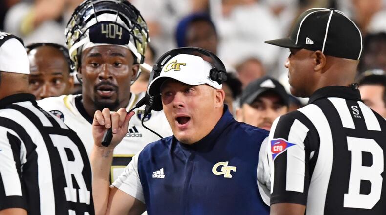 September 4, 2021 Atlanta - Georgia Tech's head coach Geoff Collins appeals after Northern Illinois' wide receiver Tyrice Richie (3) made the game winning catch during the second half of an NCAA college football game at Georgia Tech's Bobby Dodd Stadium in Atlanta on Saturday, September 4, 2021. Northern Illinois won 22-21 over Georgia Tech(Hyosub Shin / Hyosub.Shin@ajc.com)