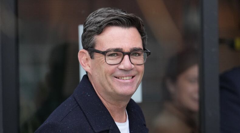 FILE - Andy Burnham the Mayor of Manchester arrives a fringe meeting during the annual Labour Party conference in Liverpool, England, Sept. 29, 2025. (AP Photo/Jon Super, File)