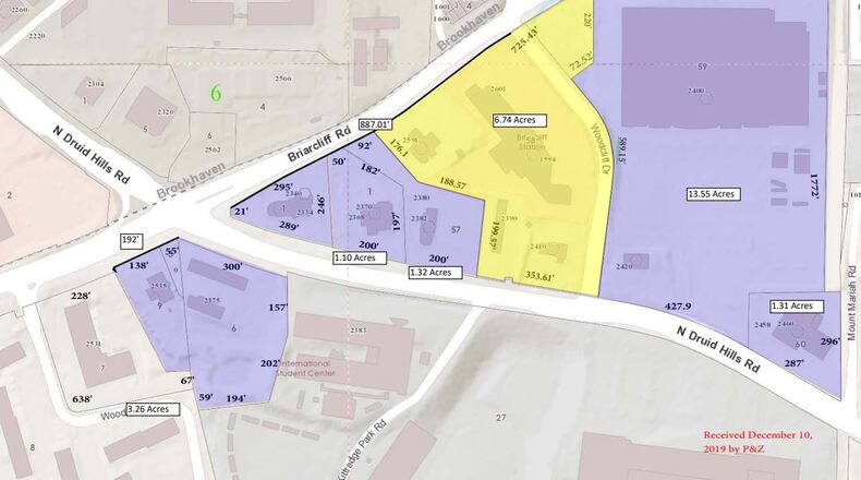 The area shown in purple and yellow is what property owners hope to annex into the city of Brookhaven. The area in yellow is proposed for a redevelopment.