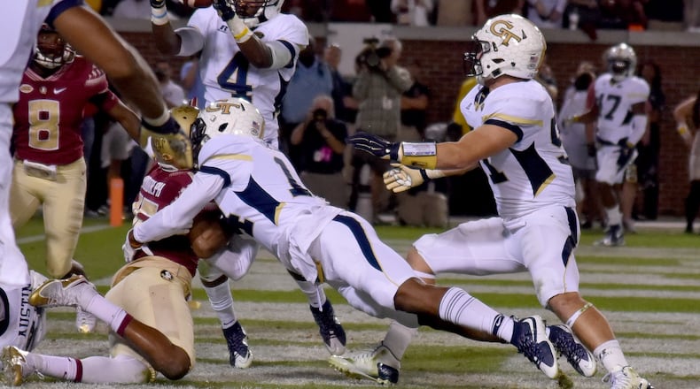 October 24, 2015 Atlanta: Georgia Tech Yellow Jackets defensive back Jamal Golden makes an interception in the end zone to stop the Florida State Seminoles' drive late in the 4th quarter Saturday October 24, 2015. BRANT SANDERLIN/BSANDERLIN@AJC.COM