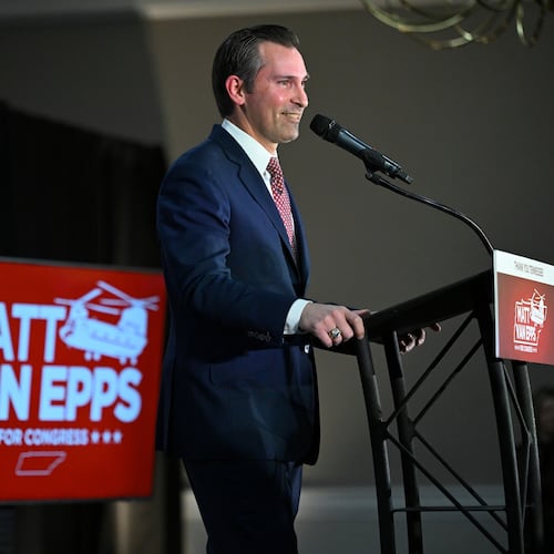 Republican candidate Matt Van Epps speaks to supporters at a watch party after announcing victory in a special election for the U.S. seventh congressional district, Tuesday, Dec. 2, 2025, in Nashville, Tenn. (AP Photo/John Amis)