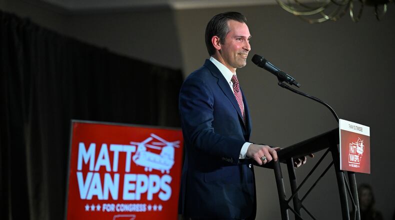 Republican candidate Matt Van Epps speaks to supporters at a watch party after announcing victory in a special election for the U.S. seventh congressional district, Tuesday, Dec. 2, 2025, in Nashville, Tenn. (AP Photo/John Amis)